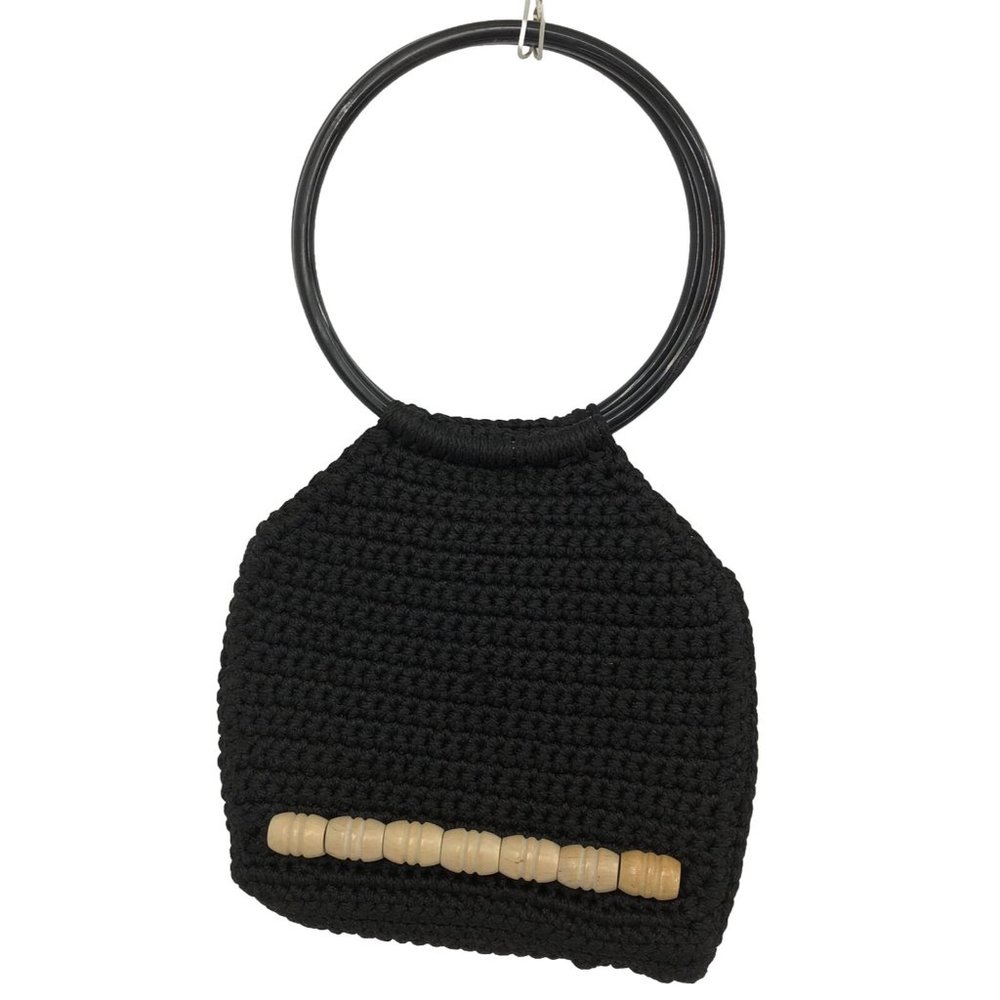 VTG 70s Black Macrame Purse Bag Round Handles Wood Beads Boho Handmade Retro